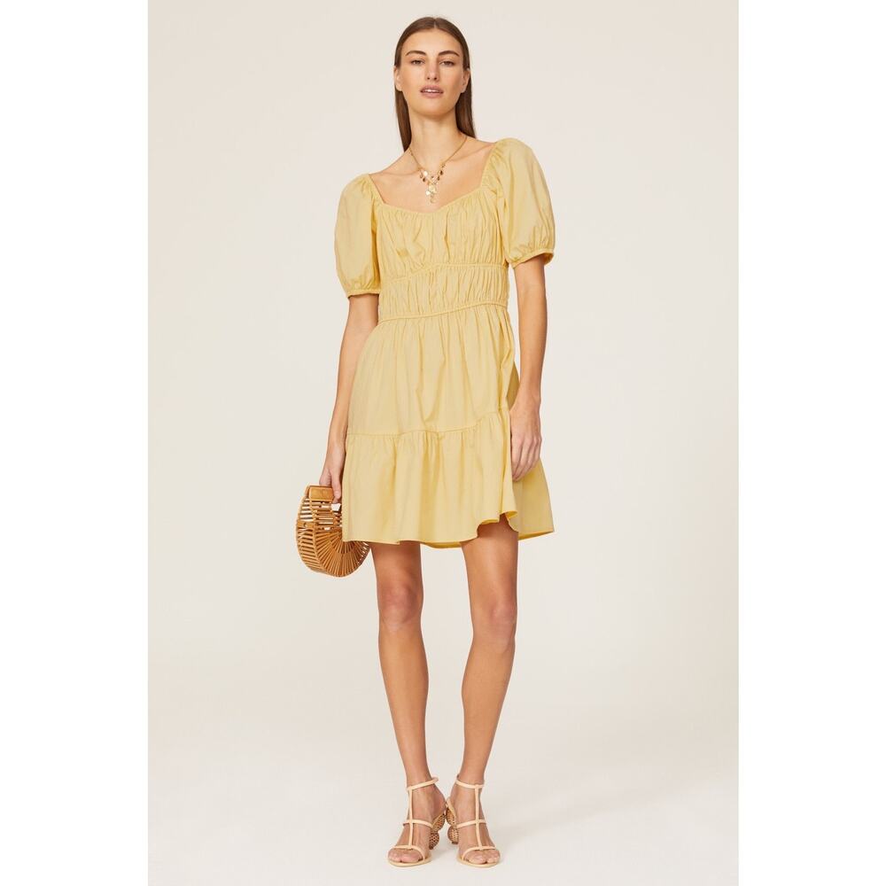LOUNA Mellow Yellow Cotton Square Neck Puff Sleeves Smocked Cinched Dress Size M